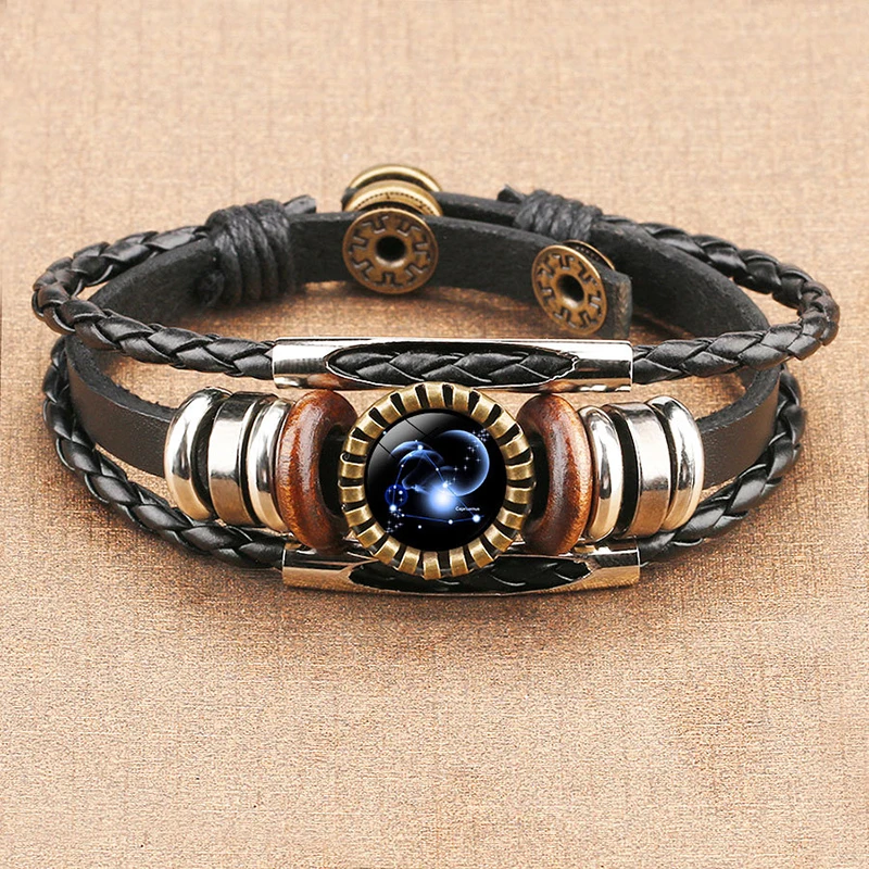 

Vintage Bronze 12 Zodiac Signs Wooden Glass Punk Bracelet Casual Personality Bracelet Male Female Charm Jewelry