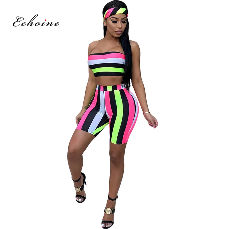 Echoine Sexy Two Piece Set Women Print Multicolor Stripe Sleeveless Strapeless Elastic Crop Tops Short Pants Suit Beach Outwear|Women