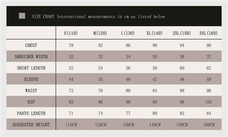 Army Kids Size Chart