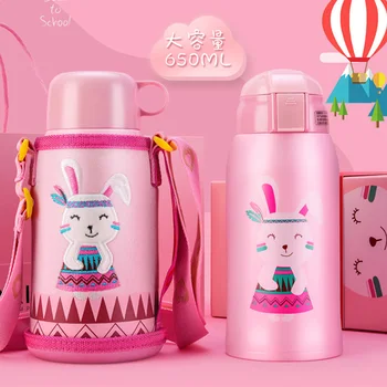 

650ml Cartoon Thermos Bottle with Straw Stainless Steel Insulate Thermocup Vacuum Thermal Mug Warm Kid Children Birthday Gift