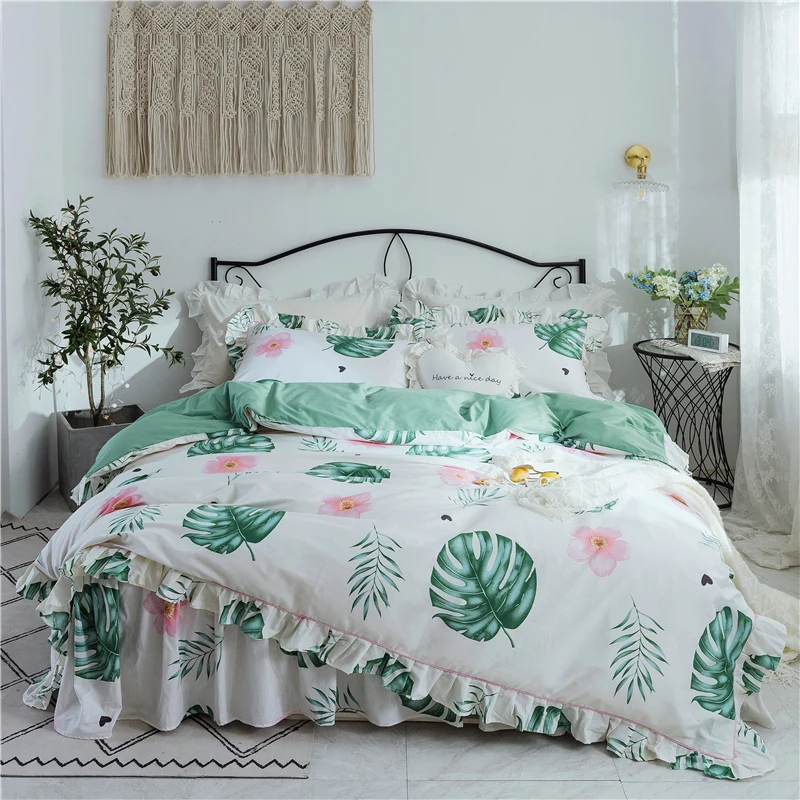 buy Home Textile leaf Bedding Set Girls Adult Linen Soft cotton Duvet Cover flowers Pillowcase white Bed skirt twin Queen king size