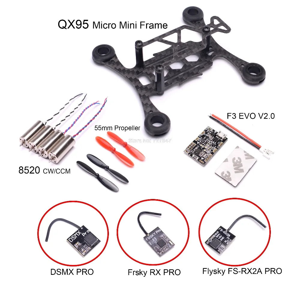 Микро Мини QX95 95 мм рама FPV RC углеродное волокно 8520 Бессердечный двигатель F3 EVO V2.0 щетка управления полетом 55 мм Опора Frsky RX приемник