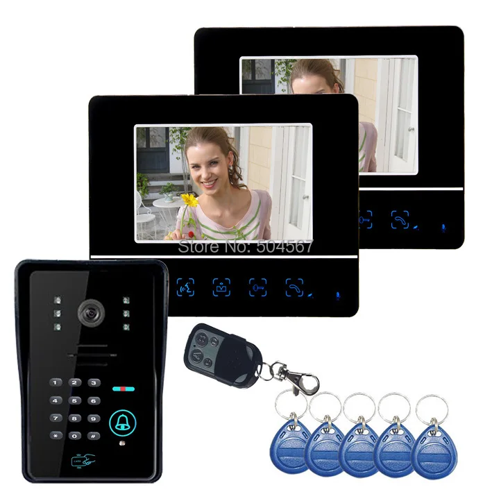 

7" Video Door Phone DoorBell Intercom System Touch Panel Door Lock RFID Keyfobs 1V2