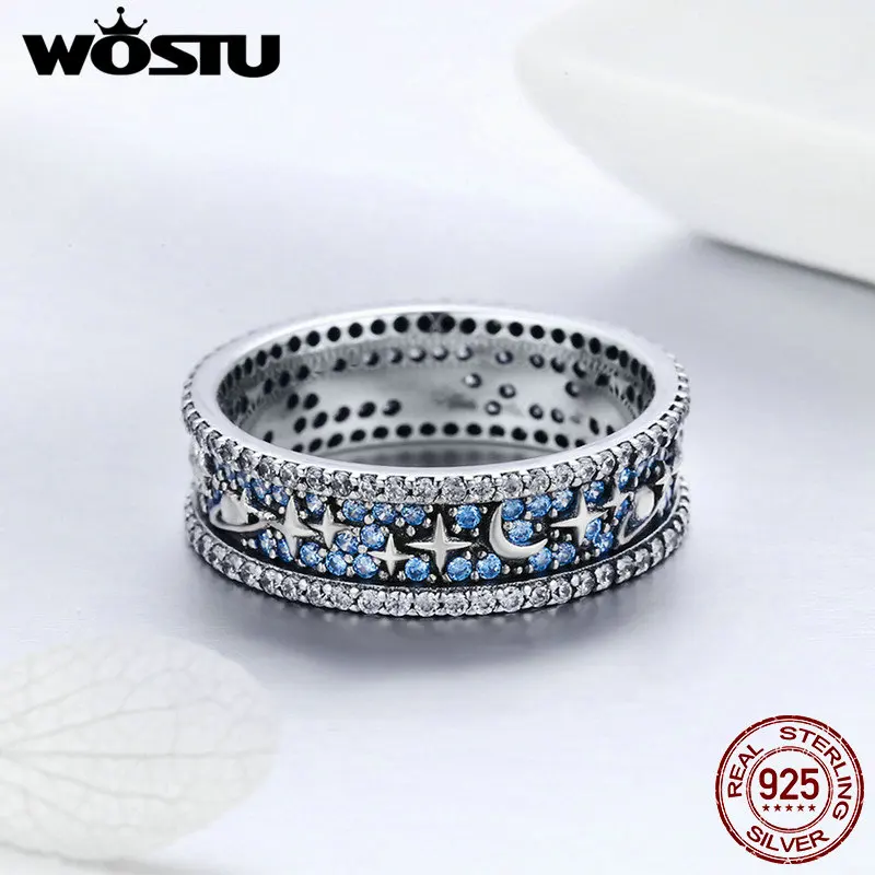 

WOSTU High Quality Real 925 Sterling Silver Sparkling Star Sky Finger Rings For Women Silver Jewelry Party Wedding Gift FIR347