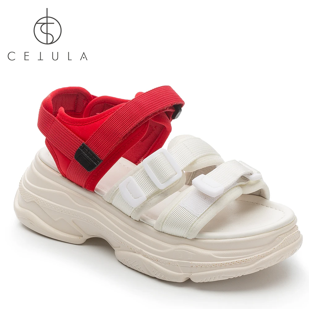 

@Cetula 2018 Handcrafted Summer X-Move Red Hell Cuff Buckled Mesh Stripes Female Flat Sandals ft. Padded Foot-bed&Wedged Heels