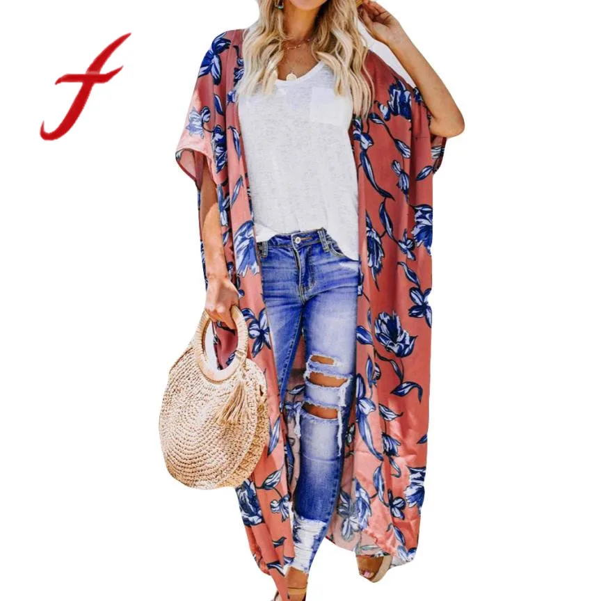 

Feitong Women Chiffon Blouses Causal Flower Print Long Coat Tops Kimono Cardigan Cover Beach Cover Up Blusas feminina 2018 New