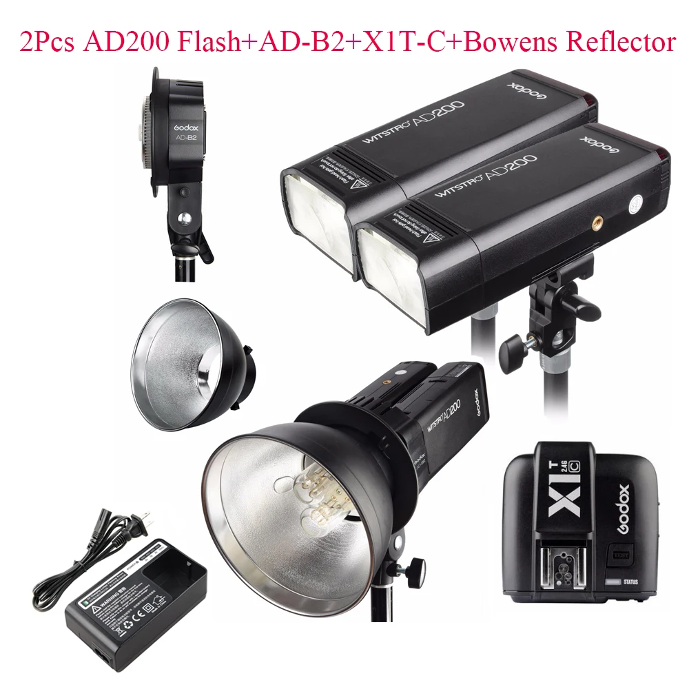 Godox 2pcs AD200 200Ws 2.4G TTL Flash Strobe Kit + X1T-C AD-B2 Bowens Reflector for Canon DSLR Camera | Электроника