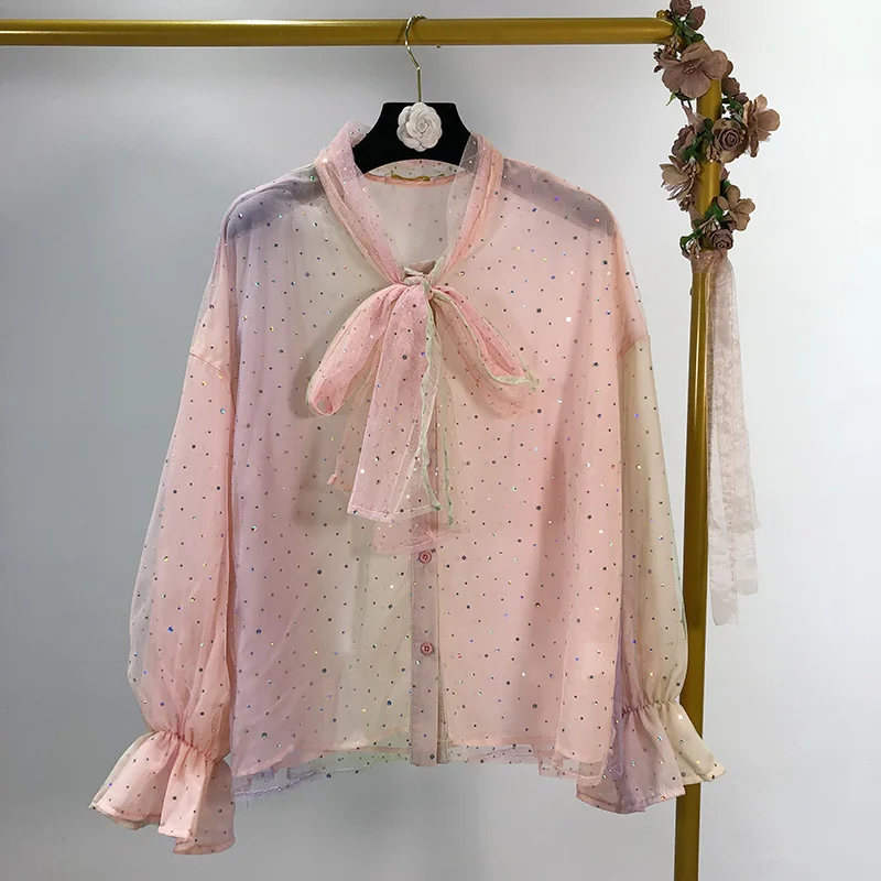 

Rainbow lace bow tie sequin mesh double-layer shirt women