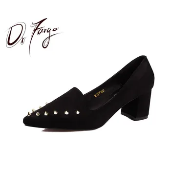 

DRFARGO Classic New Women Pointed Toe Pump Dress 6cm Square High Heel Rivet Black Shoes Mujer Zapatos High Vamp Easy Slip on