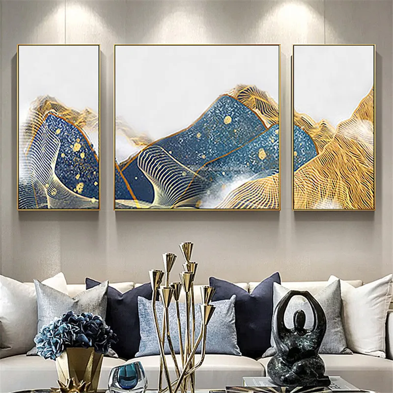3 pieces abstract blue gold mountain painting on Canvas acrylic painting Wall art Pictures for living room quadros caudros decor
