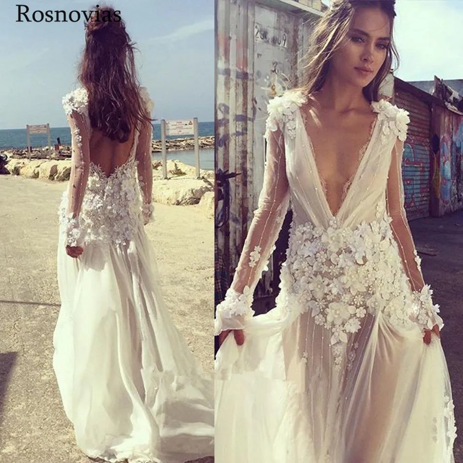 

Boho Beach Wedding Dresses 2019 Deep V Neck Long Sleeves Backless Sweep Train Hand Make Flowers Beaded Boho Bridal Gowns Custom