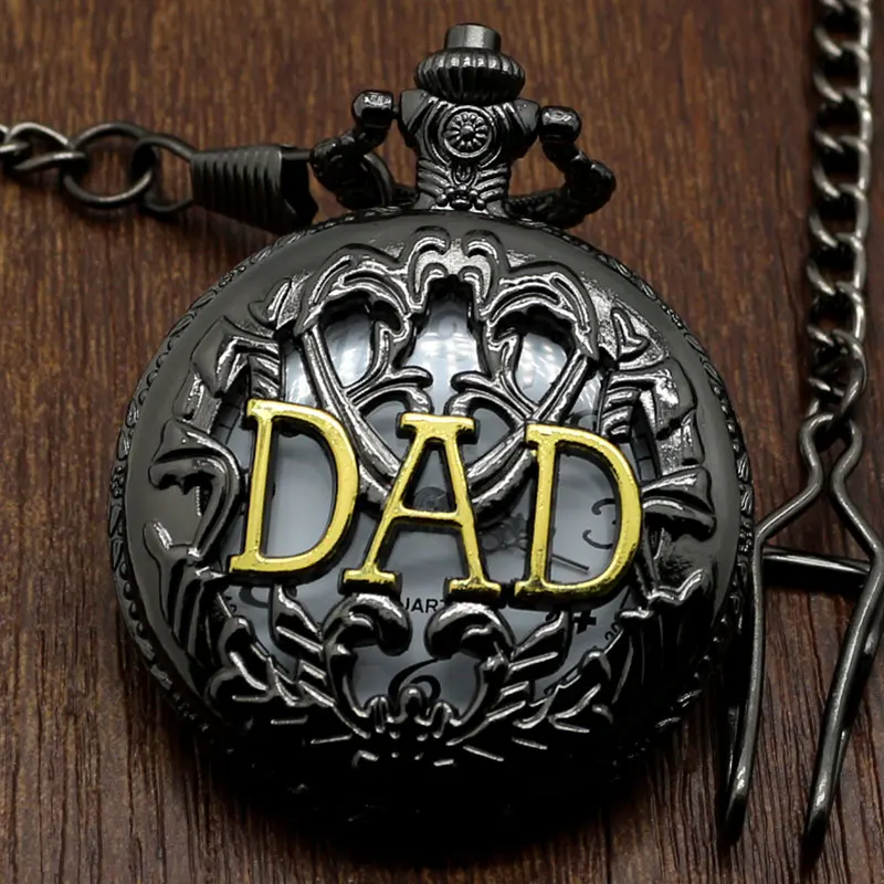 Retro Black Hollow Quartz Pocket Watches Fashion Gold DAD Theme Father's Day Gifts Mens Clock Thick Chain 2018 New Arrival (4)
