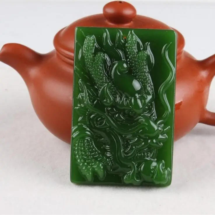 

Natural Green Hand-carved Chinese Hetian Jasper dragon Pendant + Rope Necklace