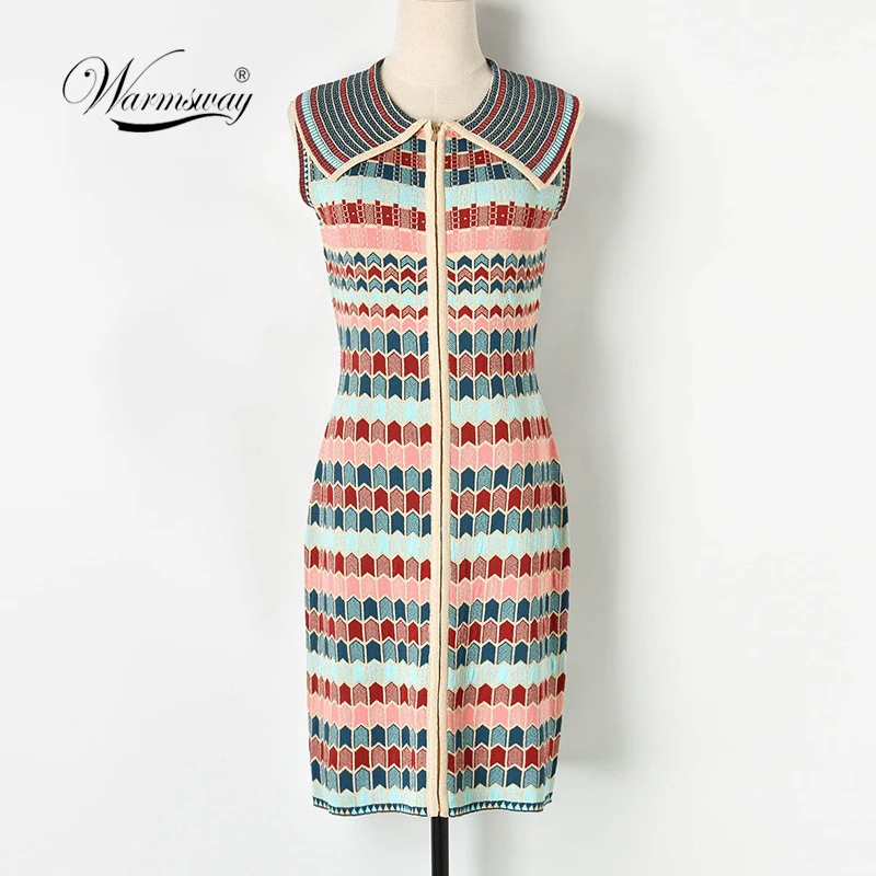 2019 Fall Winter Vintage Sleeveless Zip Dress Vestidos Elegant Patchwork Plaid Sundress Designer Runway Dress Big Collar C-219
