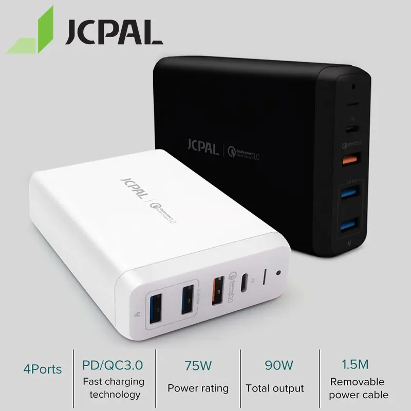 JCPAL type-C PD зарядное устройство 60W 20 V/3A настольное зарядное устройство для ноутбука USB быстрое зарядное устройство 18W 9 V/2A QC3.0 USB-A портами