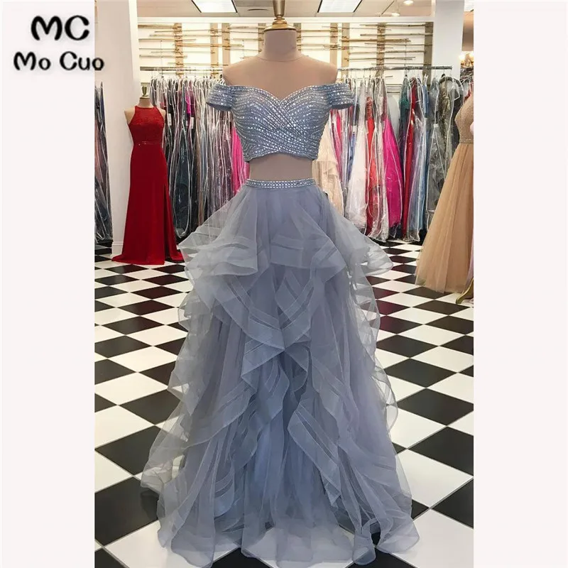 GRAY TWO PIECES TULLE SEQUIN LONG PROM DRESS, GRAY EVENING DRESS 
