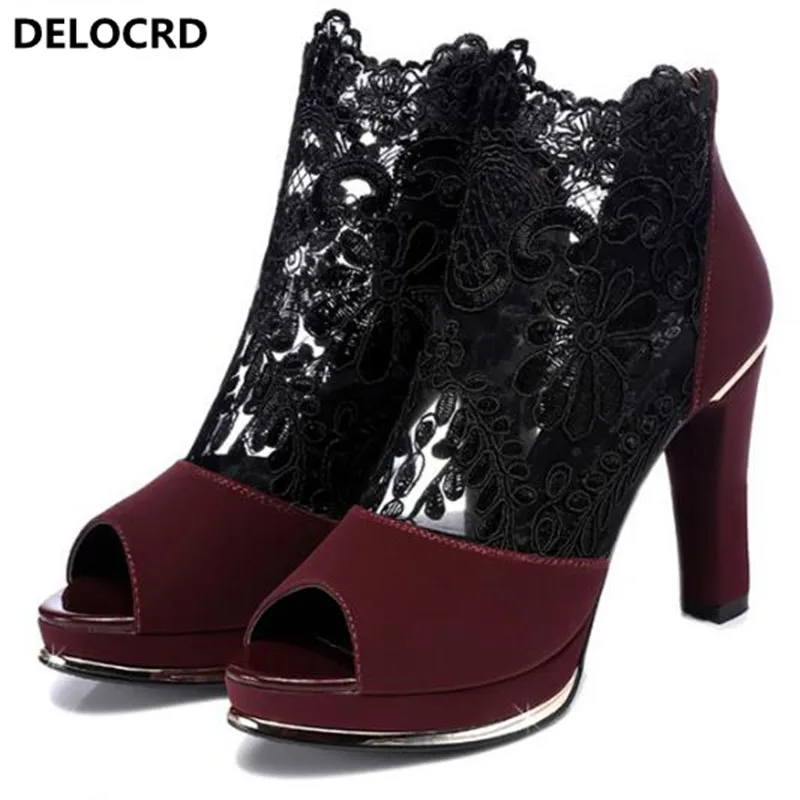 

2018 Fashion Sexy Lace Gauze Fish Mouth Shoes Summer New Comfortable Women Sandals Thick With High Heels Casual Cool Boots 34-40