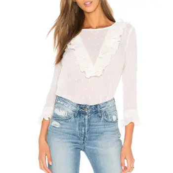 

Fashion Sweet Polka Dots Women Blouse Back Button Autumn Long Sleeve Pullover Tops Ladies Sweet Sexy O-Neck Ruffle Decor