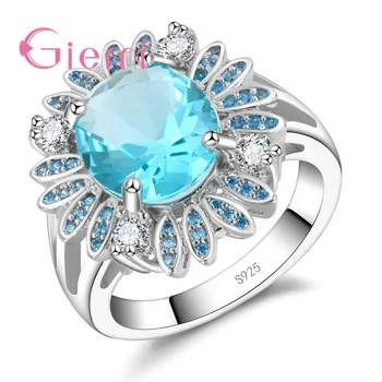 

Blue Ocean Crystal Cubic Zirconia Flower Ring 925 Sterling Silver Women Anniversary Wedding Engagement Party Jewelry