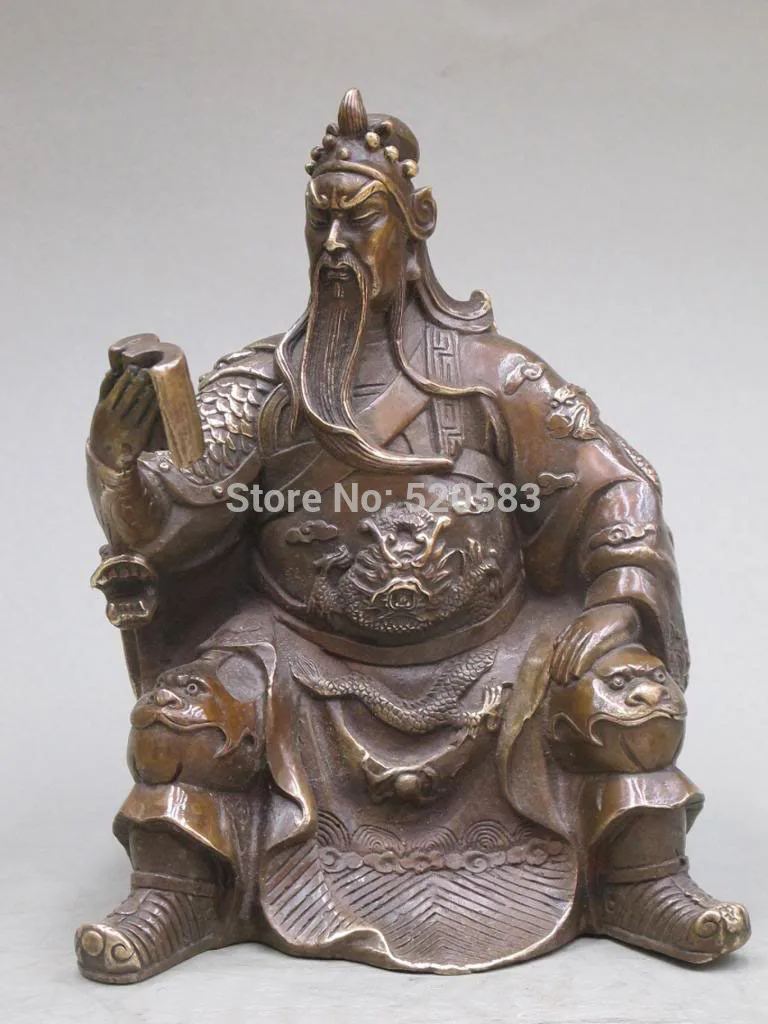 

8"Chinese pure Bronze Tiger seats statue book on the art of war Guan-gong