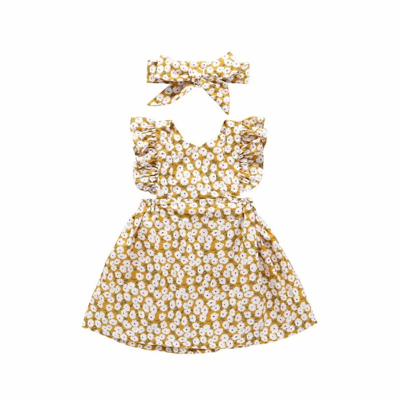 Toddler Baby Girls Vintage Ruffles Floral Dresses with Knot Headband Kids Summer Fly Sleeve Princess Dress Children Sundress (13)