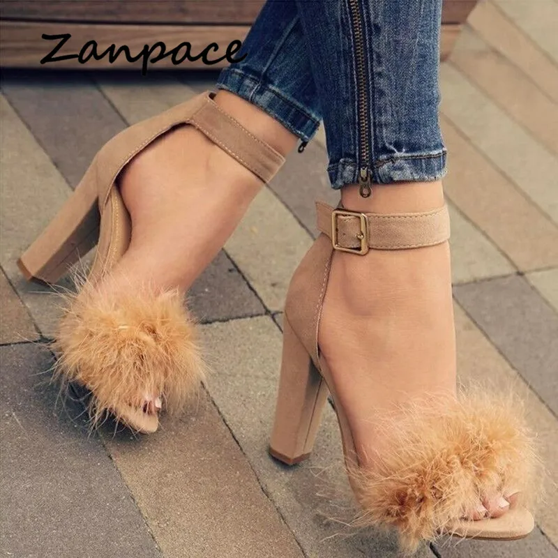 

High-heeled Large Size Women Sandals Buckle Strap Thick with Womens Shoes Ankle Strap Heels Open Toe Chunky Fur Sandals Size 43