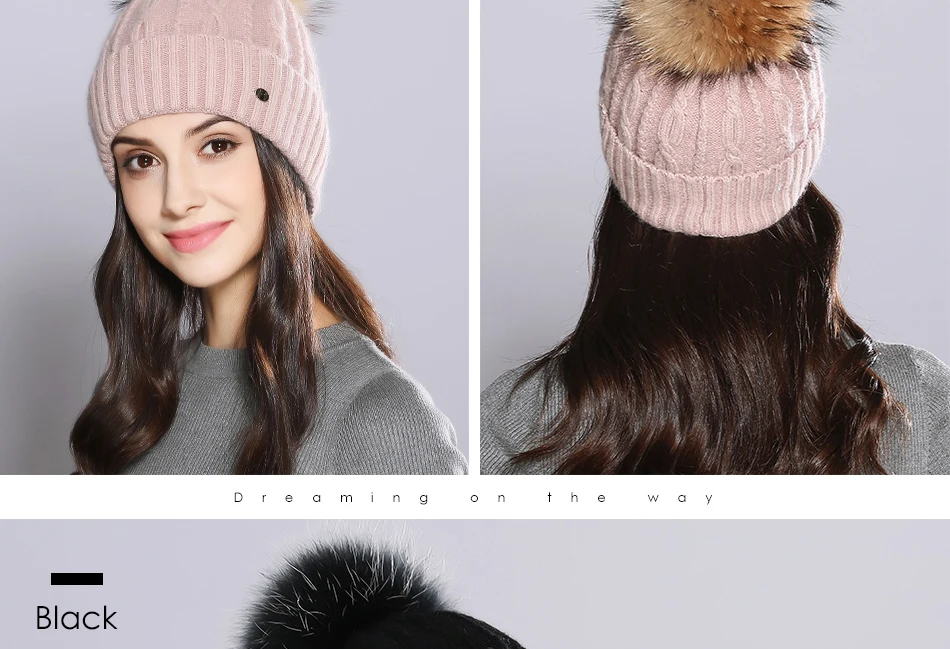 Woman Winter Hats Wool Skullies Beanie Raccoon Fur Pom Pom Stripe Knitted Hat Female Autumn Skullies Beanies  (13)