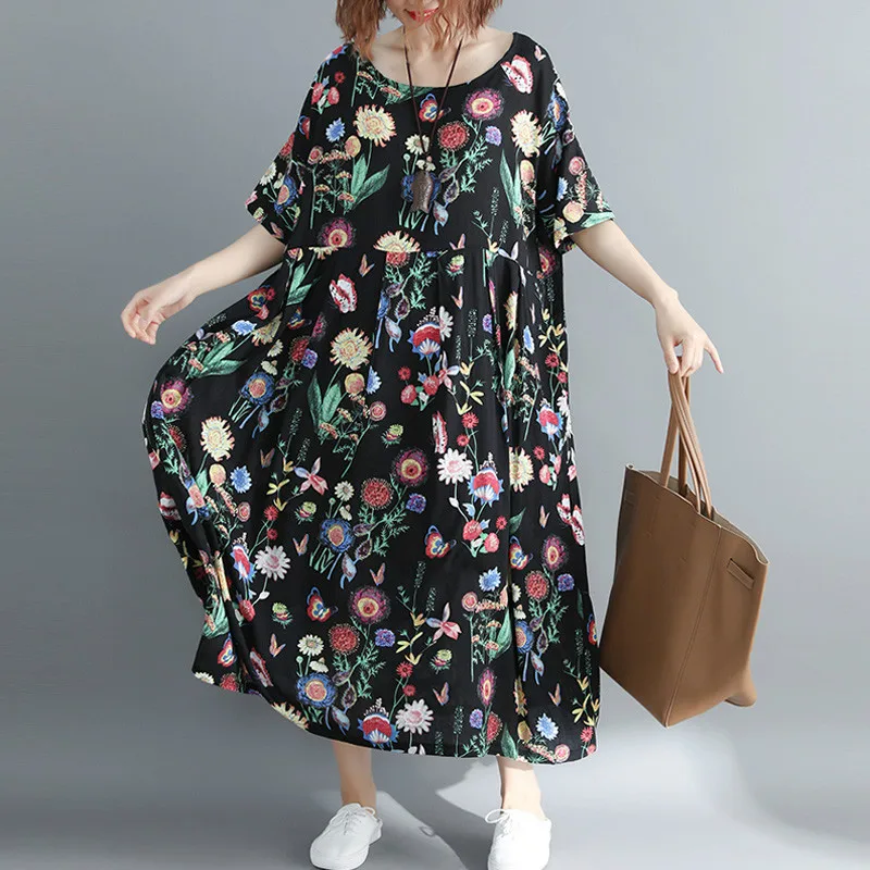 

New Arrival 2019 Summer Fashion Plus Size Dress 4xl 5xl 6xl 7xl Women Floral Printed Big Swing Dress Size Loose Long Dresses