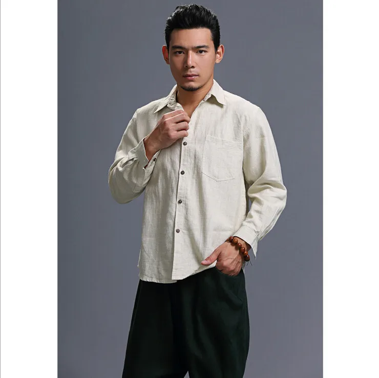 Осенняя мужская рубашка в китайском народном стиле из чистого льна, мужские рубашки, тонкая мужская рубашка