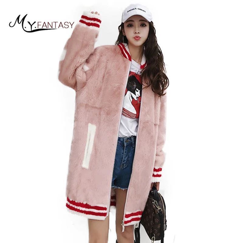 M.Y.FANSTY2017 Winter O Neck Mink Coat Striped Pattern Real Fur Mink