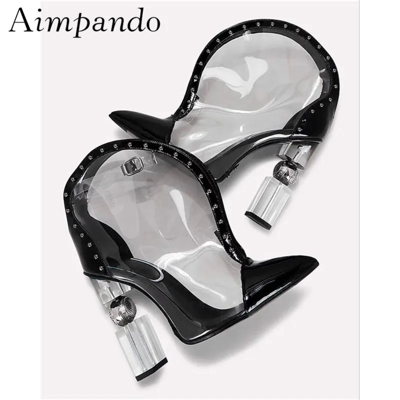 

Unique Metal Crystal Strange Heel Ankle Boots Women Sexy Point Toe Buckle Black PVC Patchwork Stage Botas Mujer