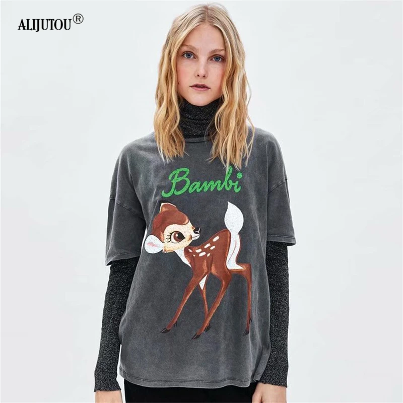 Bambi Cartoon T-Shirt Women 2019 Summer Harajuku Casual Deer Printed Round Neck Short Sleeve Tee zaraing Streetwear Tshirt tops