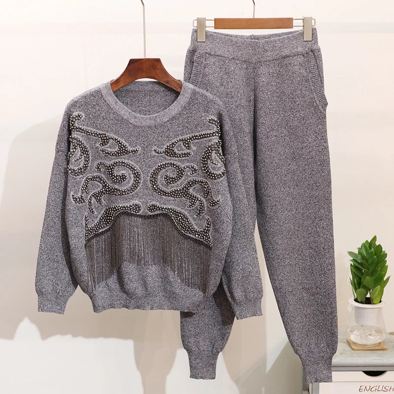 Perles 2 Tricoté Gland Pantalon Deux Pièces Chandail Set Costumes 2018 Femmes Hiver Ensemble q5HOxwX
