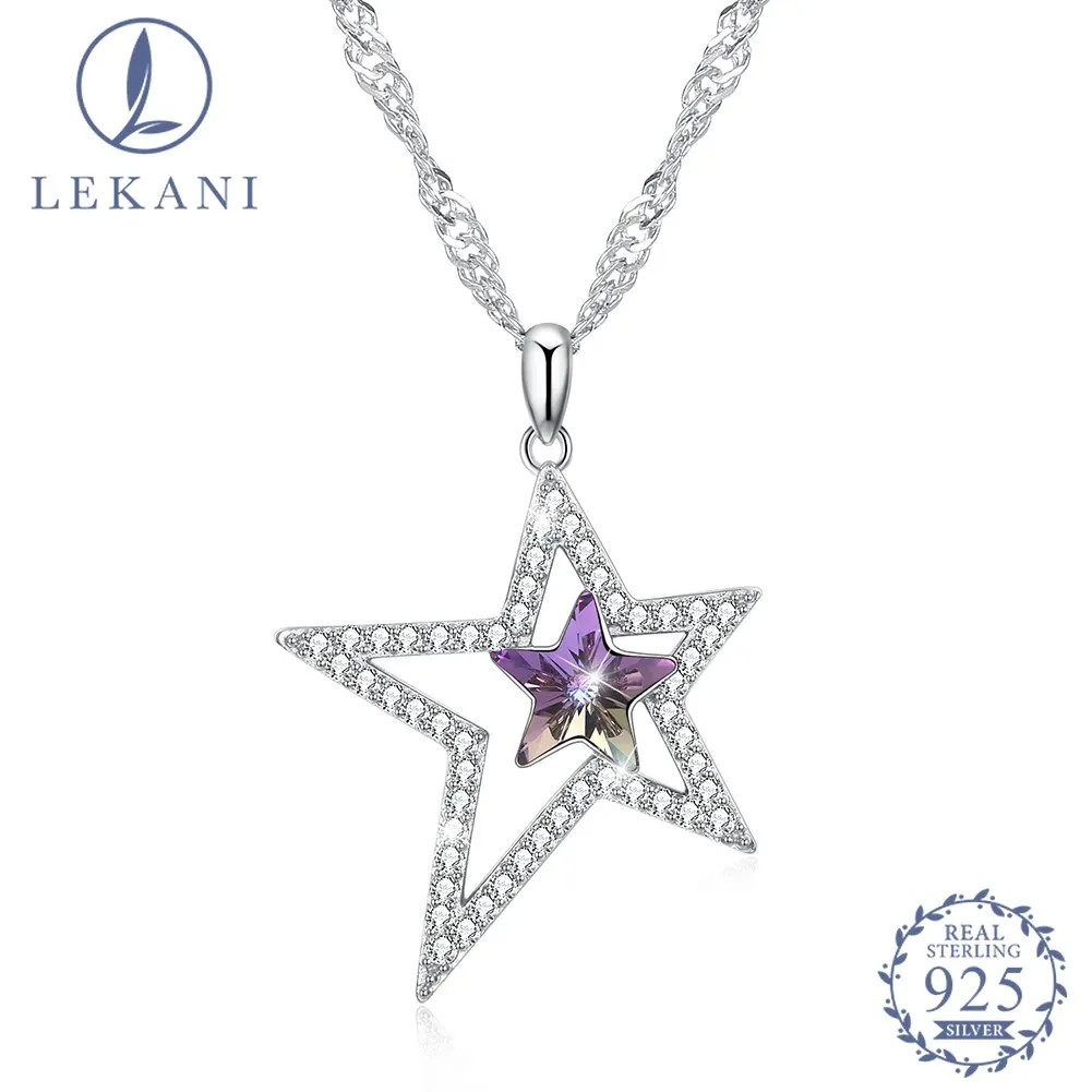 

LEKANI 925 Sterling Silver Necklace Crystal From Swarovski Romantic Purple Crystal Star Zicon Necklace Fine Jewelry