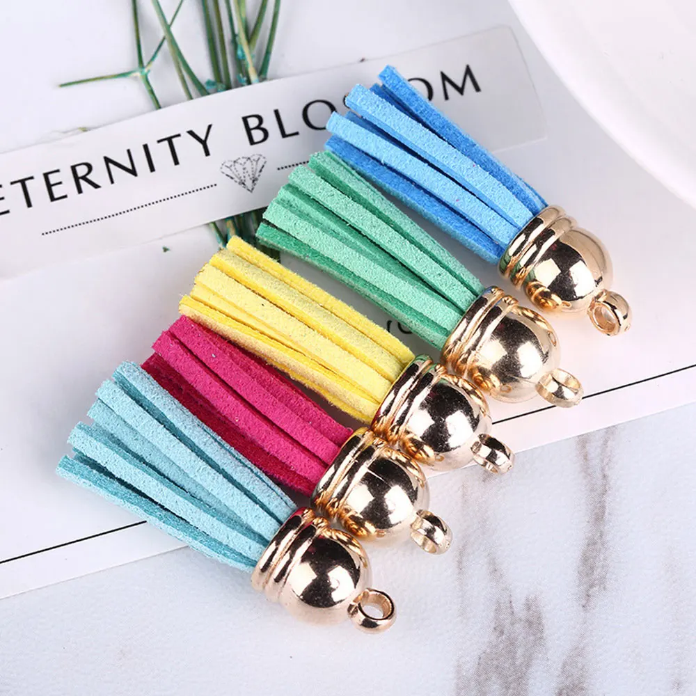 22Pcs/bag 40mm Leather Suede Tassel Keychain Cellphone Straps Jewelry Charms Tassel gold Metal