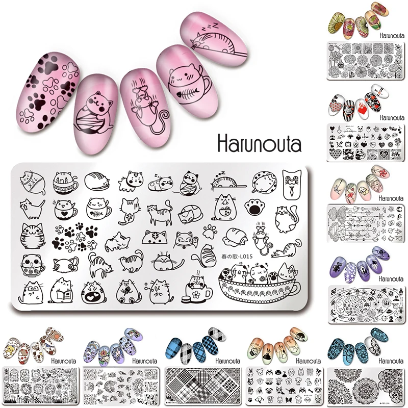 

HARUNOUTA Nail Stamping Templates Floral Rectangle Line Animal Rose Plaid Pattern Stainless Steel Nail Art Image DIY Plate Tools