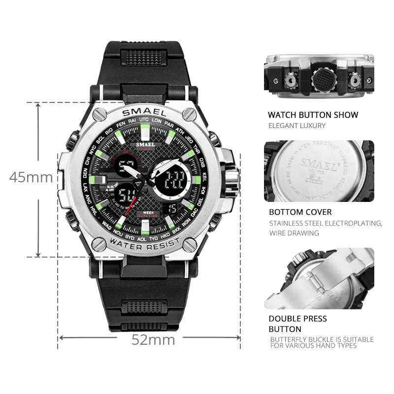 Спортивные мужские часы светодиодный 50 м водонепроницаемые цифровые многофункциональные кварцевые наручные часы для мужчин SMAEL 1709 модные s shock секундомер