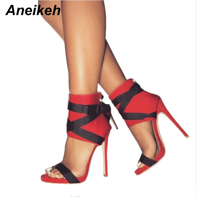 baratas Aneikeh Gladiador Mulher Sandálias Bombas Marca Verão Festa Casual Sapatos de Salto Alto Cross Cinta Zipper Sapatas Das Sandálias Das Senhoras