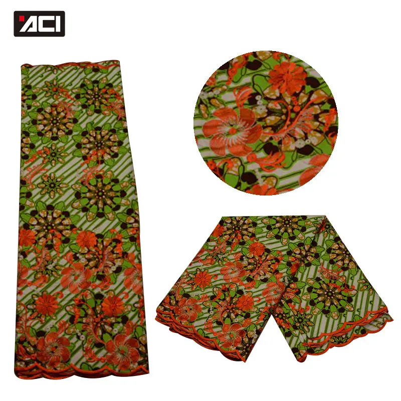 

ACI-Latest Fashion Ankara Wax Mix Lace Embroidery 6Yard Nigerian Guipure Cord Lace Fabric African Java Wax Guipure Lace Dress