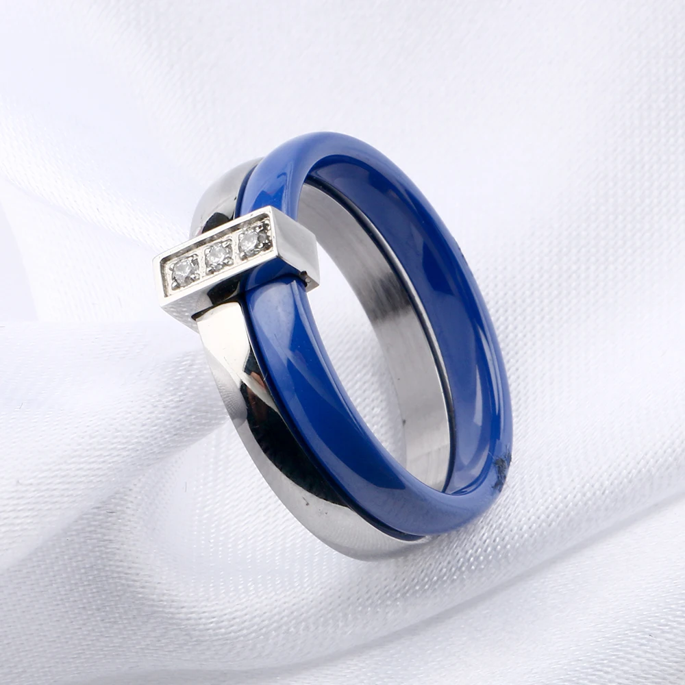 Дизайн, двойные круглые кольца, синее керамическое кольцо с серебром, нержавеющая сталь, Модные Свадебные обручальные ювелирные изделия, Женское кольцо, подарки