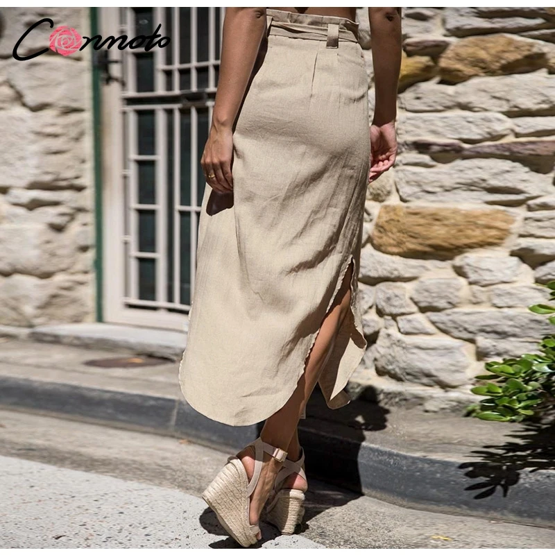 Conmoto Повседневная женская юбка миди, сексуальная льняная юбка с высокой талией, однотонные пляжные юбки с карманами, юбка с поясом