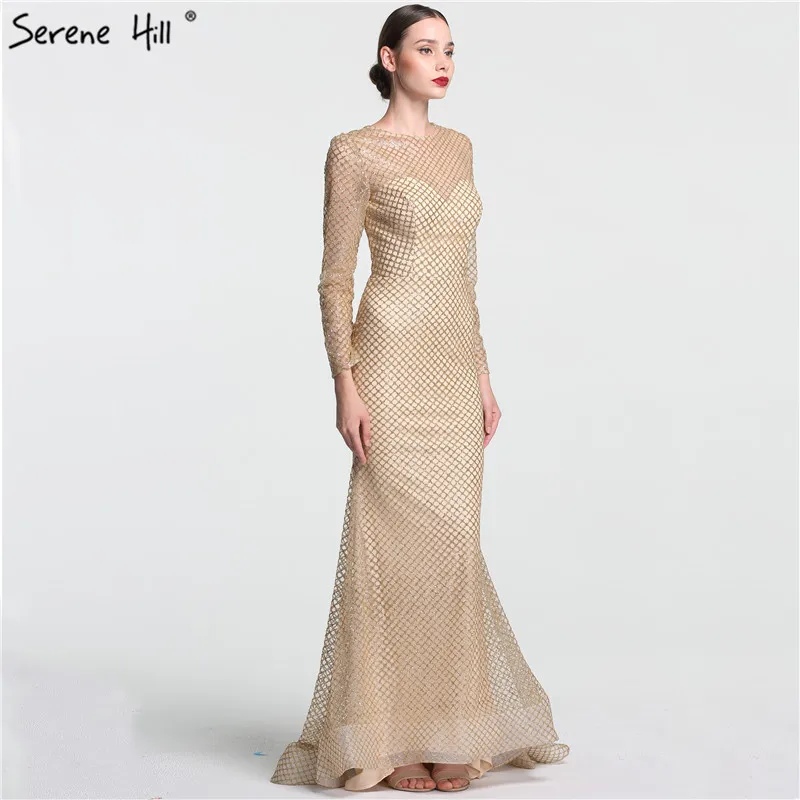 Золотое блестящее вечернее платье с длинными рукавами, роскошное сексуальное вечернее платье русалки с бисером для женщин Serene hilm LA6052