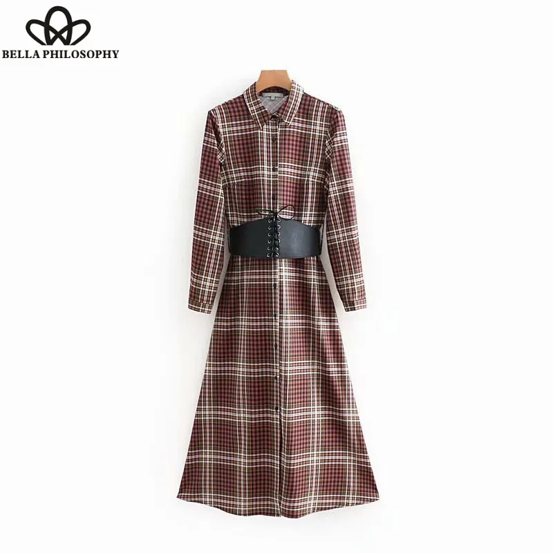 Wonder 2018 new autumn vintage long sleeve plaid sashes long dress elegant female chic vestidos casual slim brand autumn dress