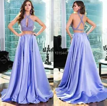 Prickelnde Perlen Lila Lange 2 Stück Prom Kleider 2016 Criss-kreuz Zurück Formale Frauen Sexy Lange Abendkleid Vestidos Para Festa