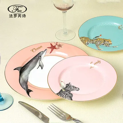 Керамическая круглая дессертная тарелка для животных, посуда из костяного фарфора, салат, фруктовый торт, тарелка, домашнее украшение для столовой посуды