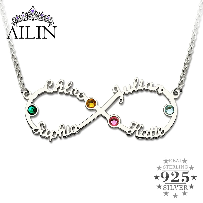 Personalized Custom Name Infinity Necklace Pendant Two Names with Birthstone