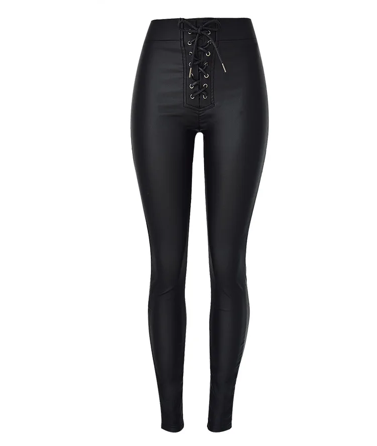 Women's high-waist slim body elastic metal open-hole binding belt elastic waist coating PU imitation leather jean small leg pants (6)