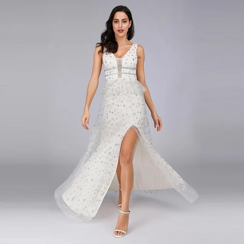 

Robes De Bal EB07831 2019 Sexy V-neck Tulle Backless Long Party Gowns Elegant Sleeveless Beading Sparkle Prom Dress