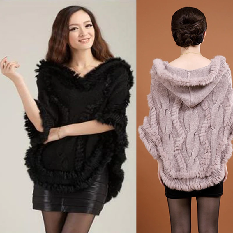 

Novelty Fashion Women Real Rabbit Fur Hooded Poncho Shawl Coat Twist Knitted Cashmere Fur Sweater Cape with Hat Autumn Spring