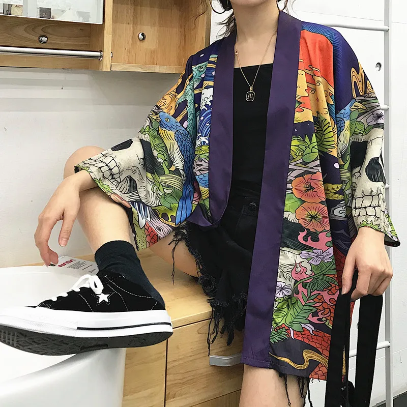 Neploe японский дьявол Волна печати Блузка Кардиган Harajuku летние женские мужские рубашки рукав летучая мышь солнцезащитный кимоно 52015
